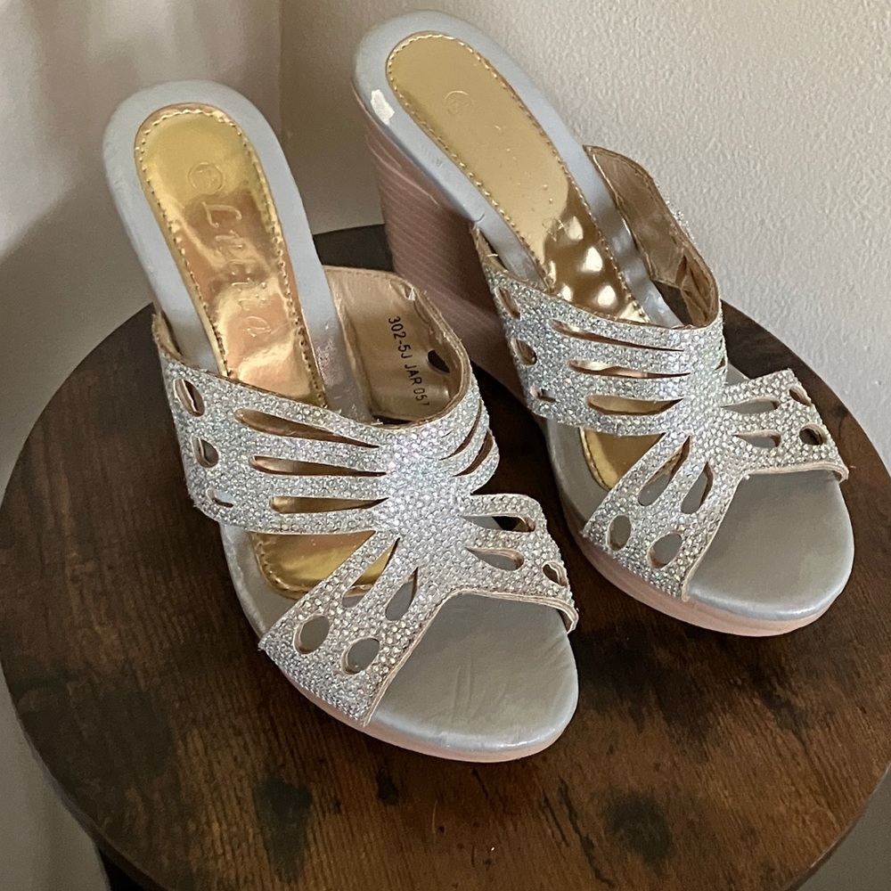 Rhinestone Open-Toe Heeled Mules in Silver